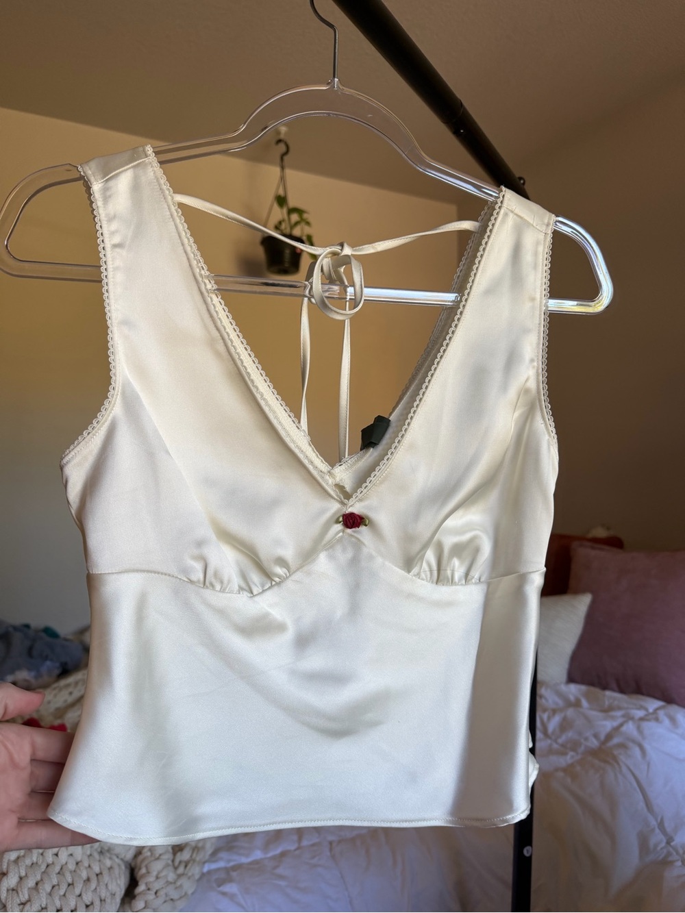 a new day Ivory Satin V-Neck Cami with Red Rose Detail